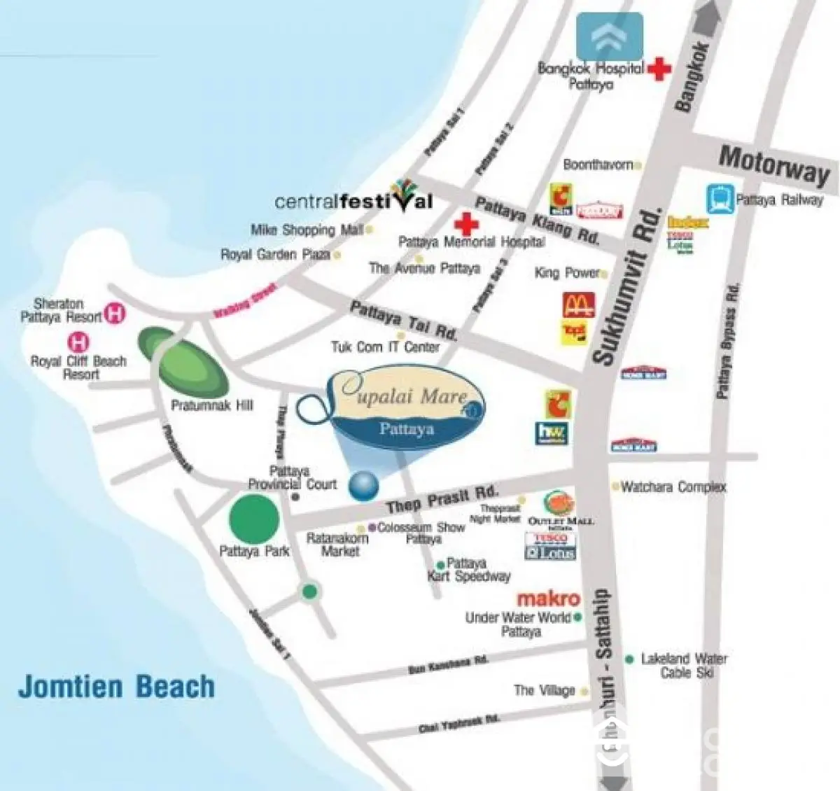 Map showcasing Supalai Mare Pattaya location near Jomtien Beach with nearby landmarks.