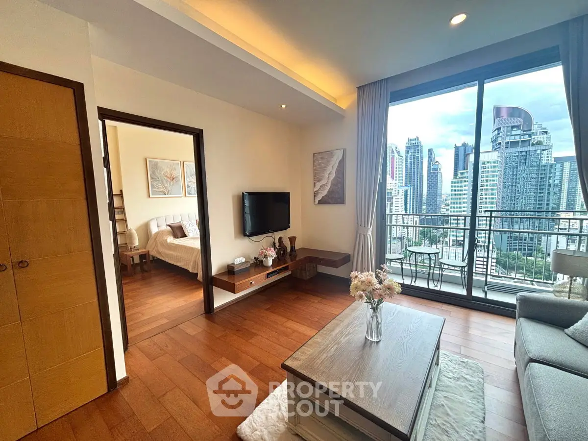 Modern living room with city view and cozy bedroom in luxury apartment