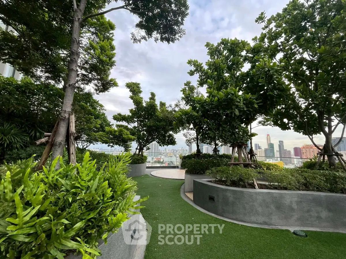 Stunning rooftop garden with city skyline view, lush greenery, and modern landscaping.
