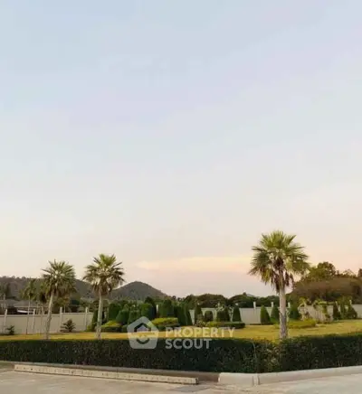 Scenic garden view with palm trees and manicured hedges in a serene neighborhood.