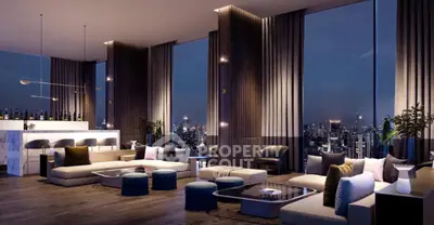Luxurious modern living room with panoramic city views and elegant decor