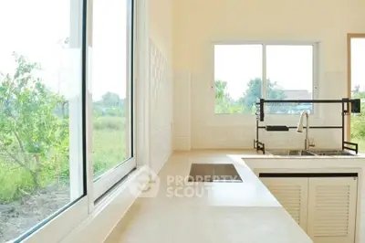 Bright modern kitchen with large windows and sleek countertops overlooking a lush garden view.