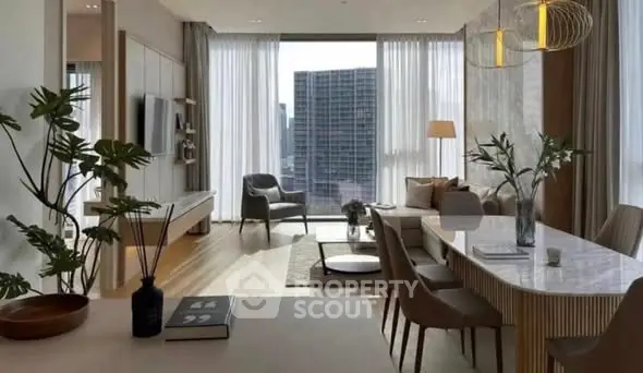 Luxurious modern living room with city view, elegant decor, and abundant natural light.