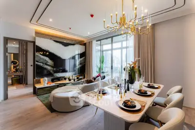 Luxurious modern living room with elegant dining area and city view, featuring chic chandelier and stylish decor.