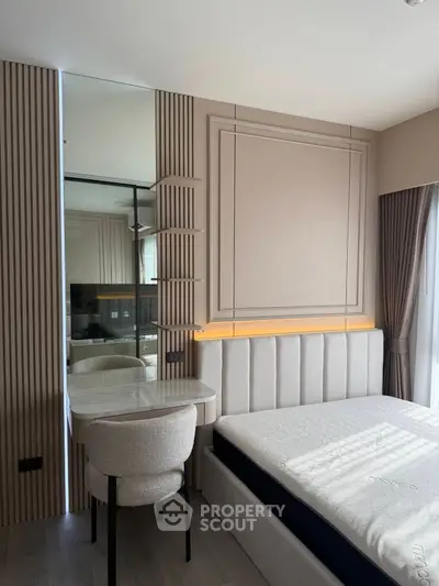 Modern bedroom with elegant design and built-in furniture