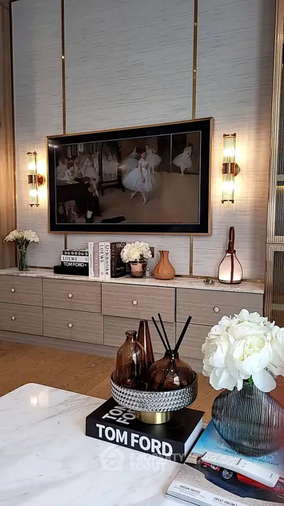 Luxurious living room with elegant decor and modern art display