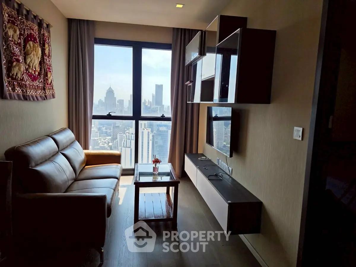 Modern living room with stunning city view and stylish furniture in high-rise apartment.