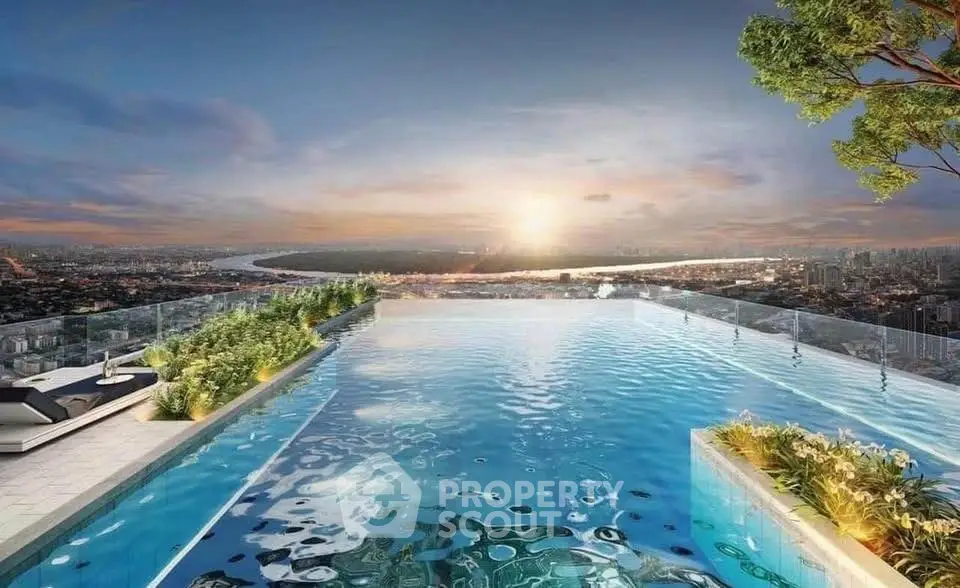 Stunning rooftop infinity pool with breathtaking city skyline view at sunset.