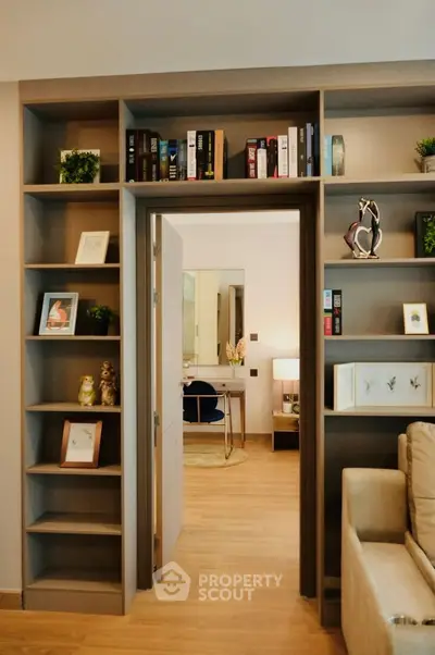 Stylish living room with built-in bookshelves and cozy decor