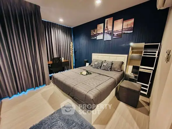 Luxurious bedroom with modern decor and cozy ambiance