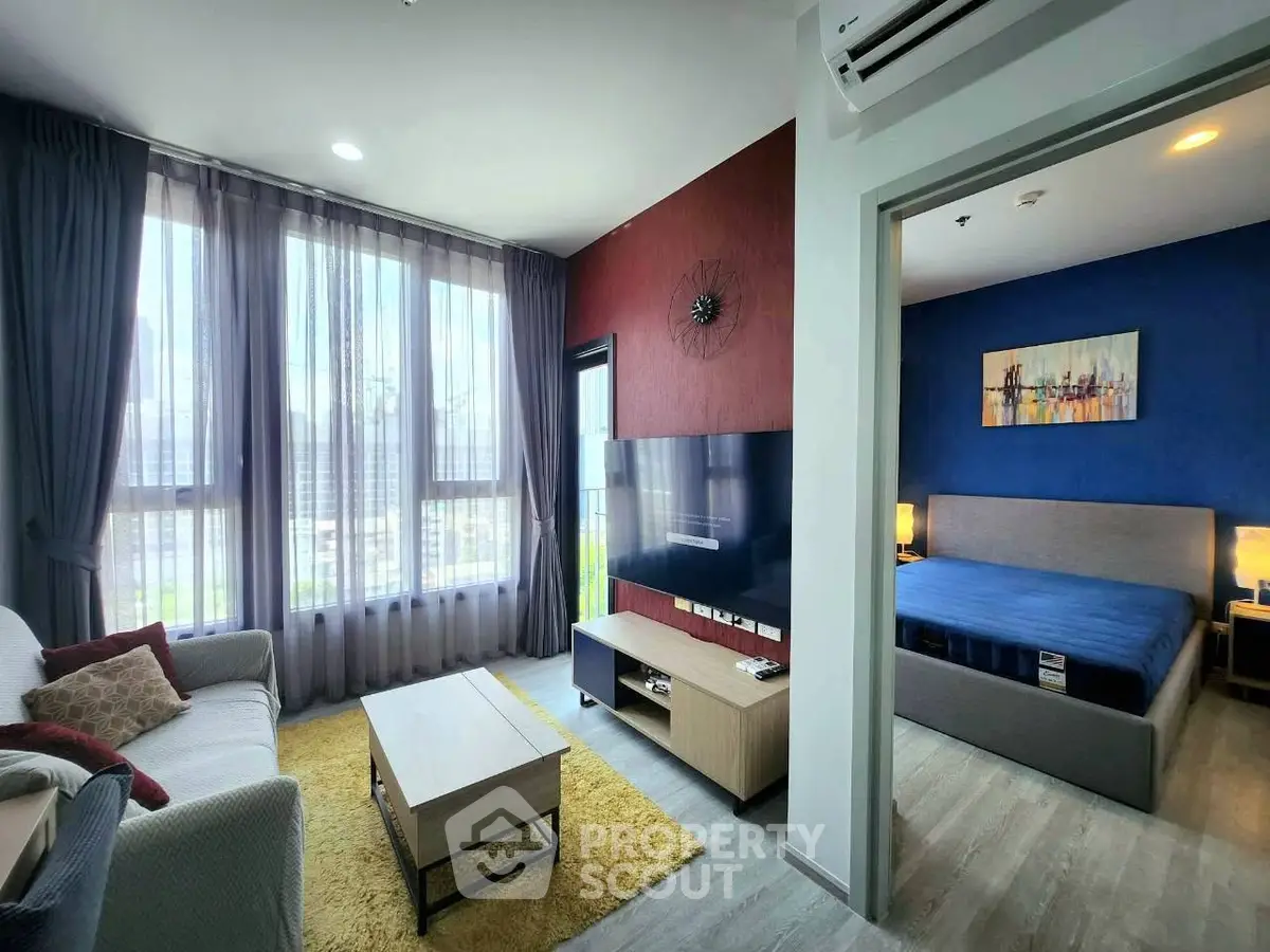 Modern apartment interior with cozy living room and stylish bedroom