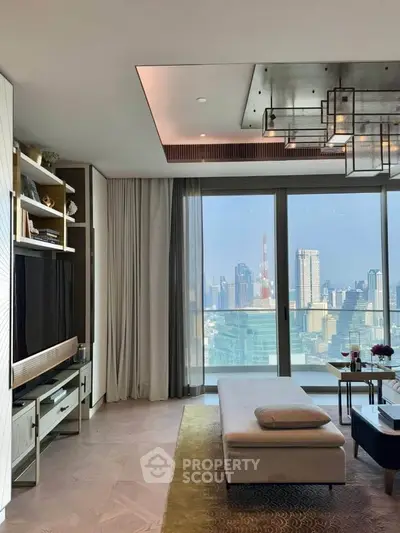 Luxurious living room with stunning city view, modern decor, and floor-to-ceiling windows.