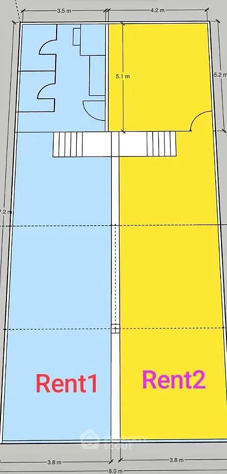 Floor plan showing two rental units with dimensions and layout details.