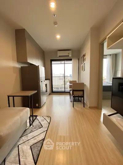 Modern apartment living room with balcony and stylish decor