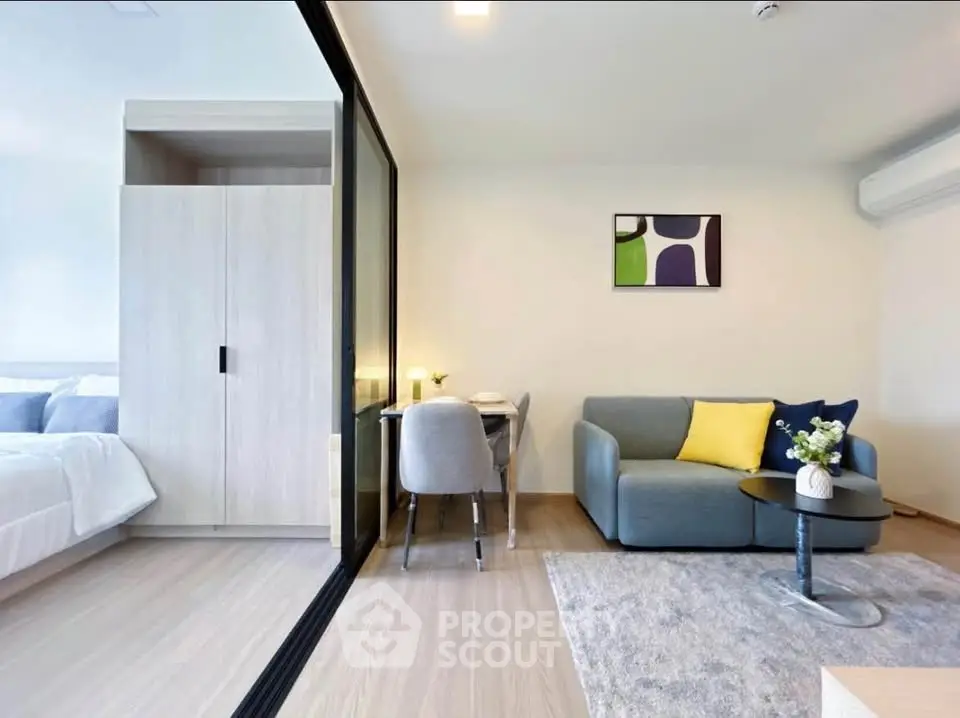 Modern living room with stylish decor and cozy seating area