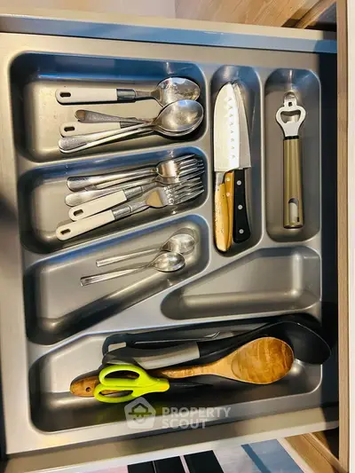 Modern kitchen drawer with organized cutlery and utensils