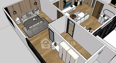 Modern apartment digital render with bedroom and living room layout