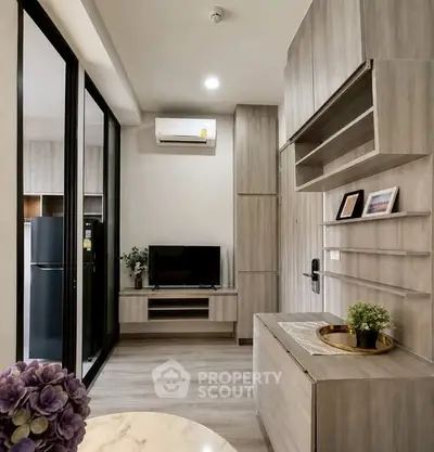Modern living room with sleek design and built-in storage solutions