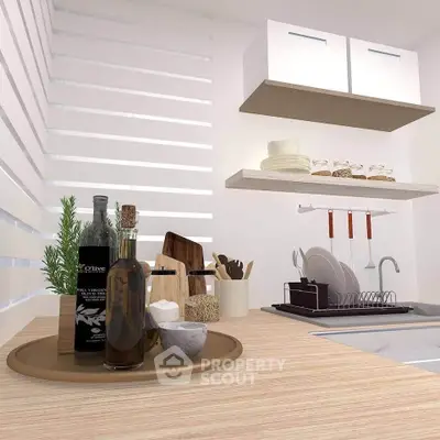 Modern kitchen with sleek open shelving and stylish countertop accessories.