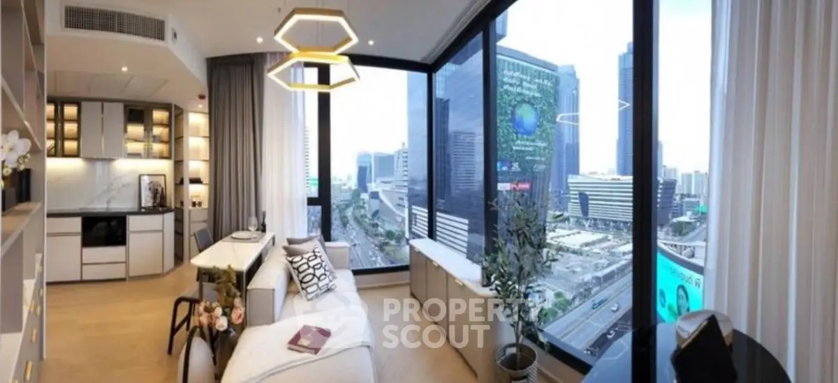 Luxurious living room with panoramic city view and modern decor