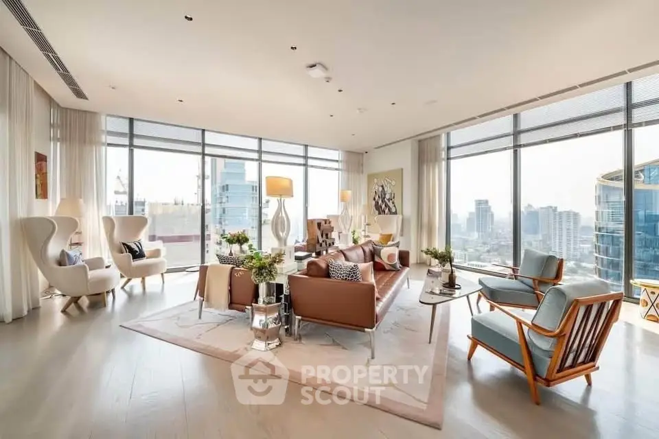 Luxurious modern living room with panoramic city views and elegant furnishings.