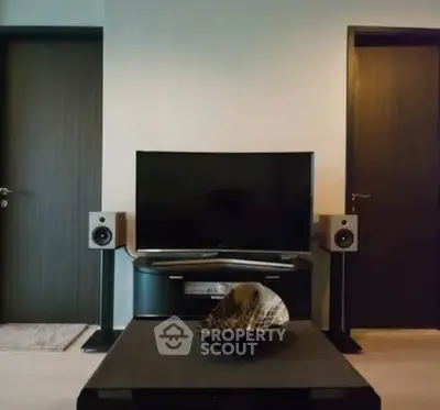 Modern living room with sleek TV setup and stylish decor