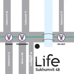 Map showing location of Life Sukhumvit 48 near BTS stations Ekkamai, Prakanong, and On-Nut.