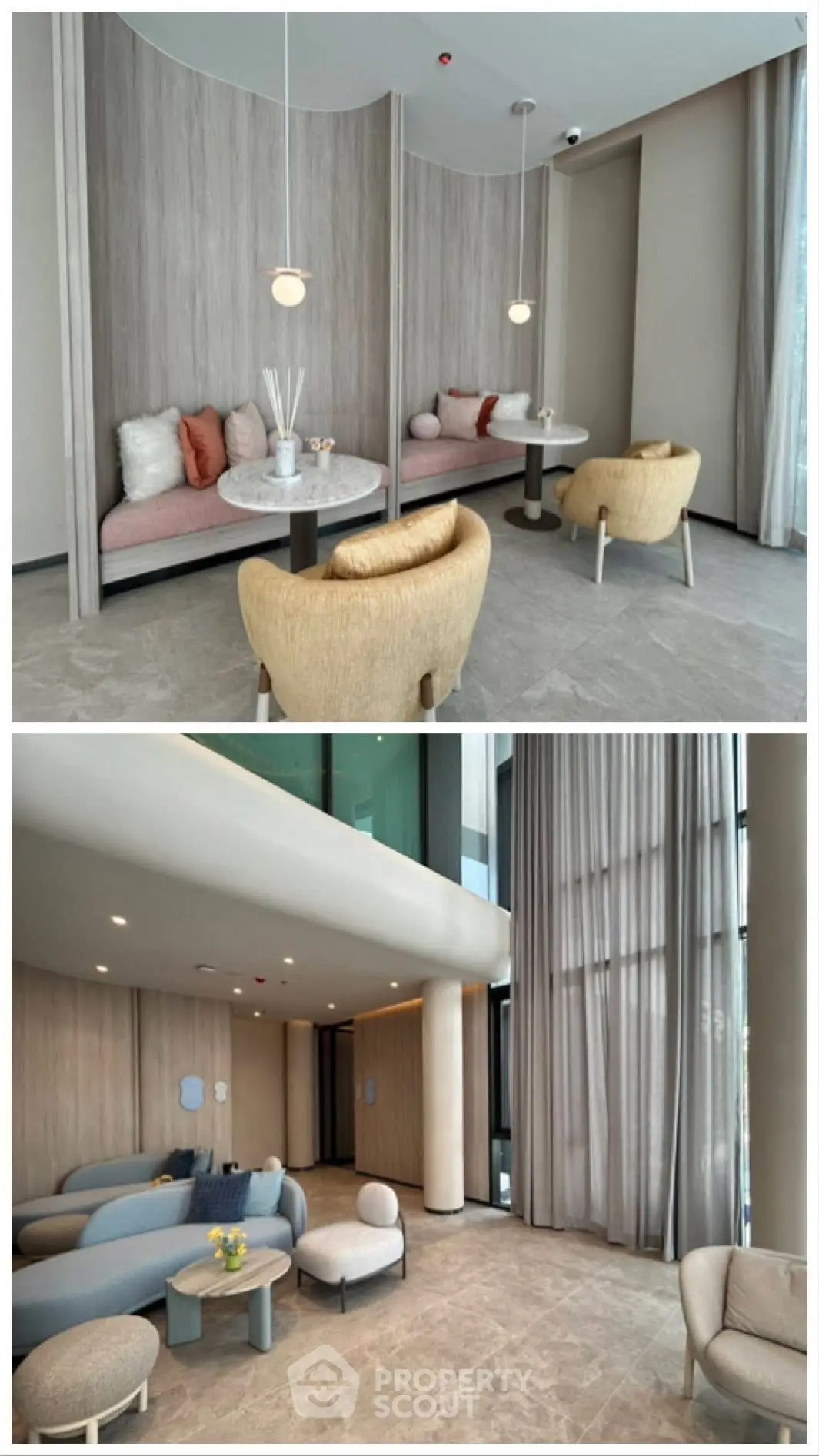 Modern shared lounge area with stylish seating and elegant decor in a contemporary building.