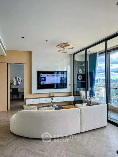 Luxurious living room with panoramic city view and modern decor