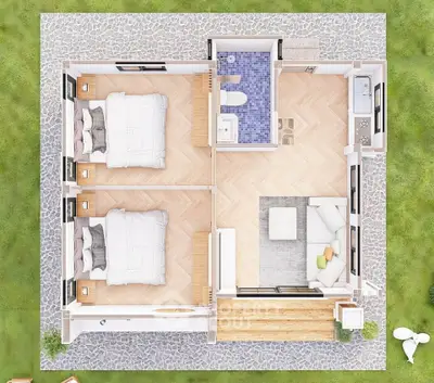 Charming two-bedroom home floor plan with cozy living room and modern kitchen.