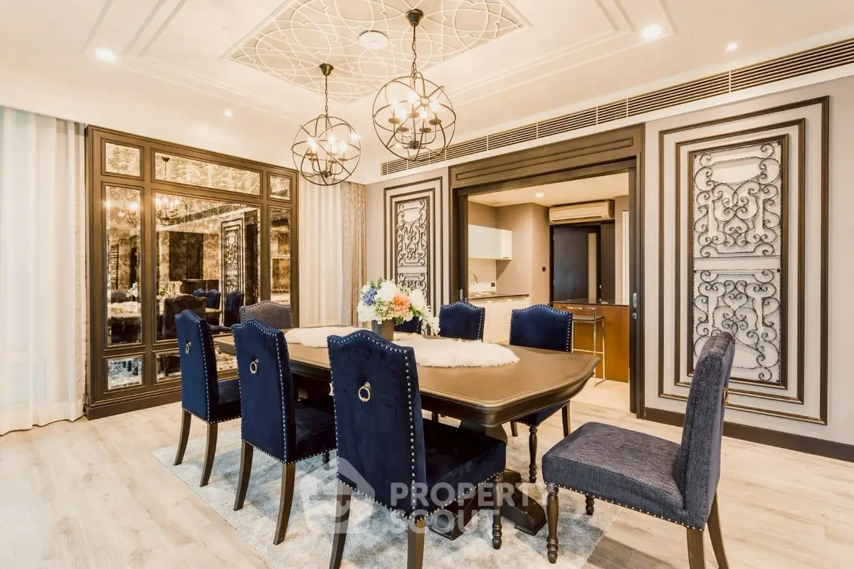 Luxurious dining room with elegant decor and modern lighting fixtures