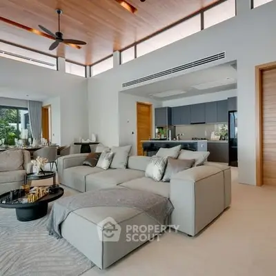 Luxurious open-plan living room with modern kitchen and elegant decor.