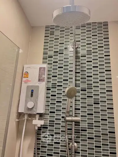 Modern bathroom shower with stylish tile backsplash and water heater