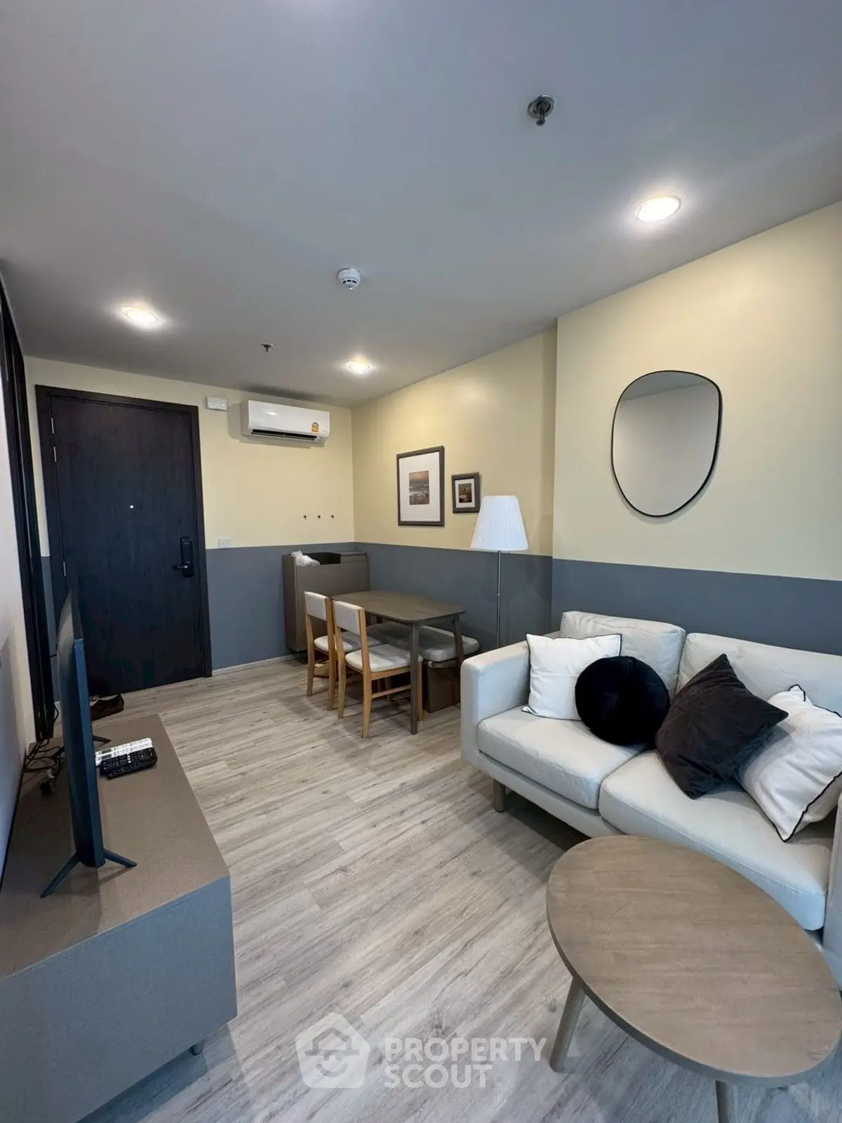 Modern living room with stylish decor and cozy seating area