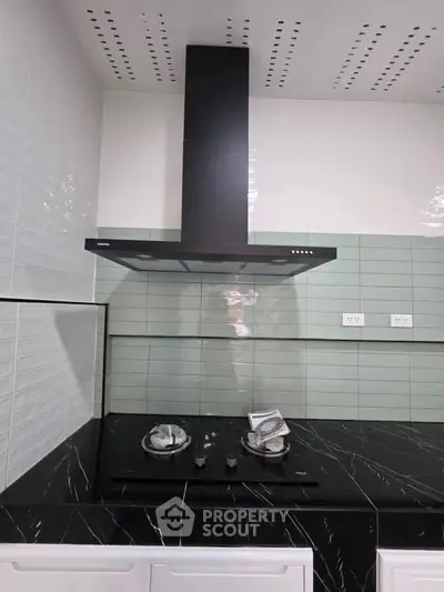 Modern kitchen with sleek black stove and stylish backsplash