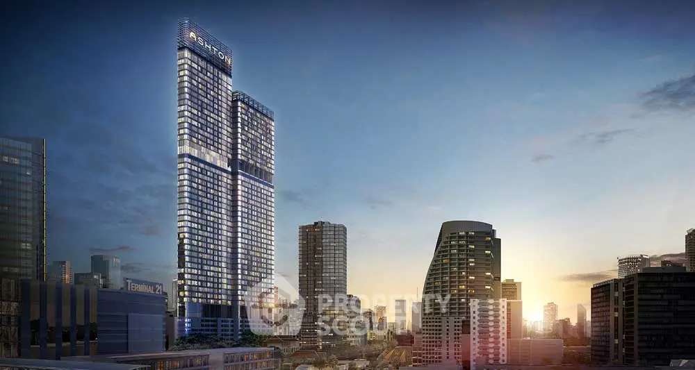 Stunning cityscape view of modern high-rise buildings at sunset, showcasing urban luxury living.