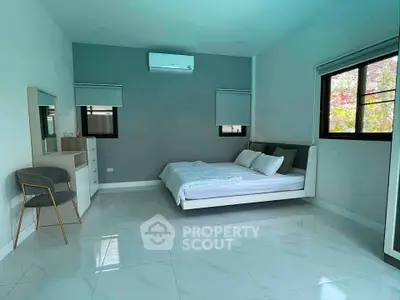Spacious modern bedroom with minimalist decor and large windows