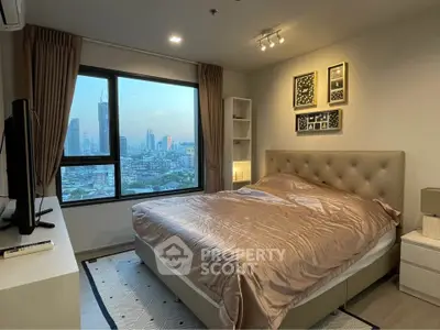 Luxurious bedroom with stunning city view and elegant decor