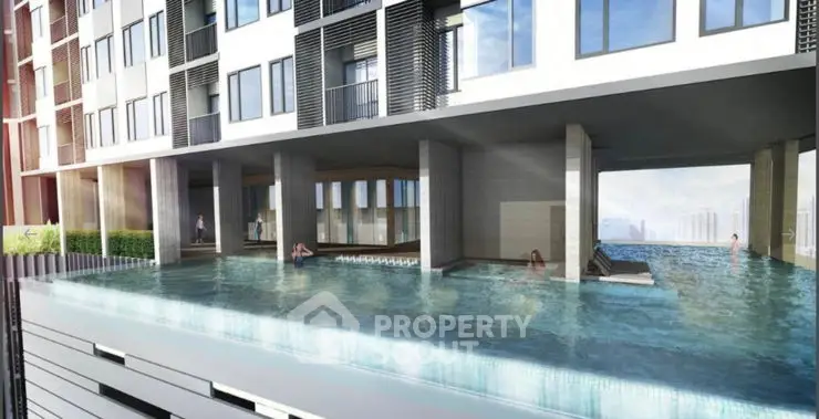 Modern architectural building with unique design and water feature