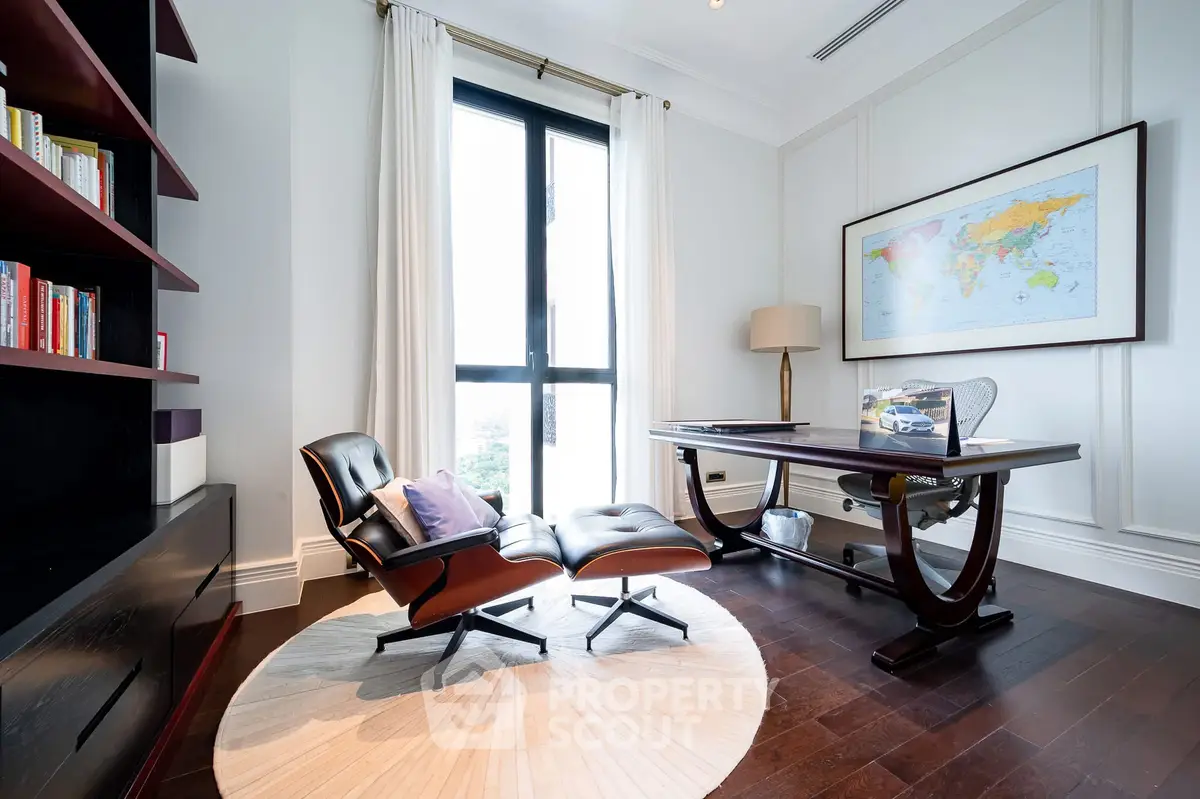 Elegant study room with modern furniture and large window
