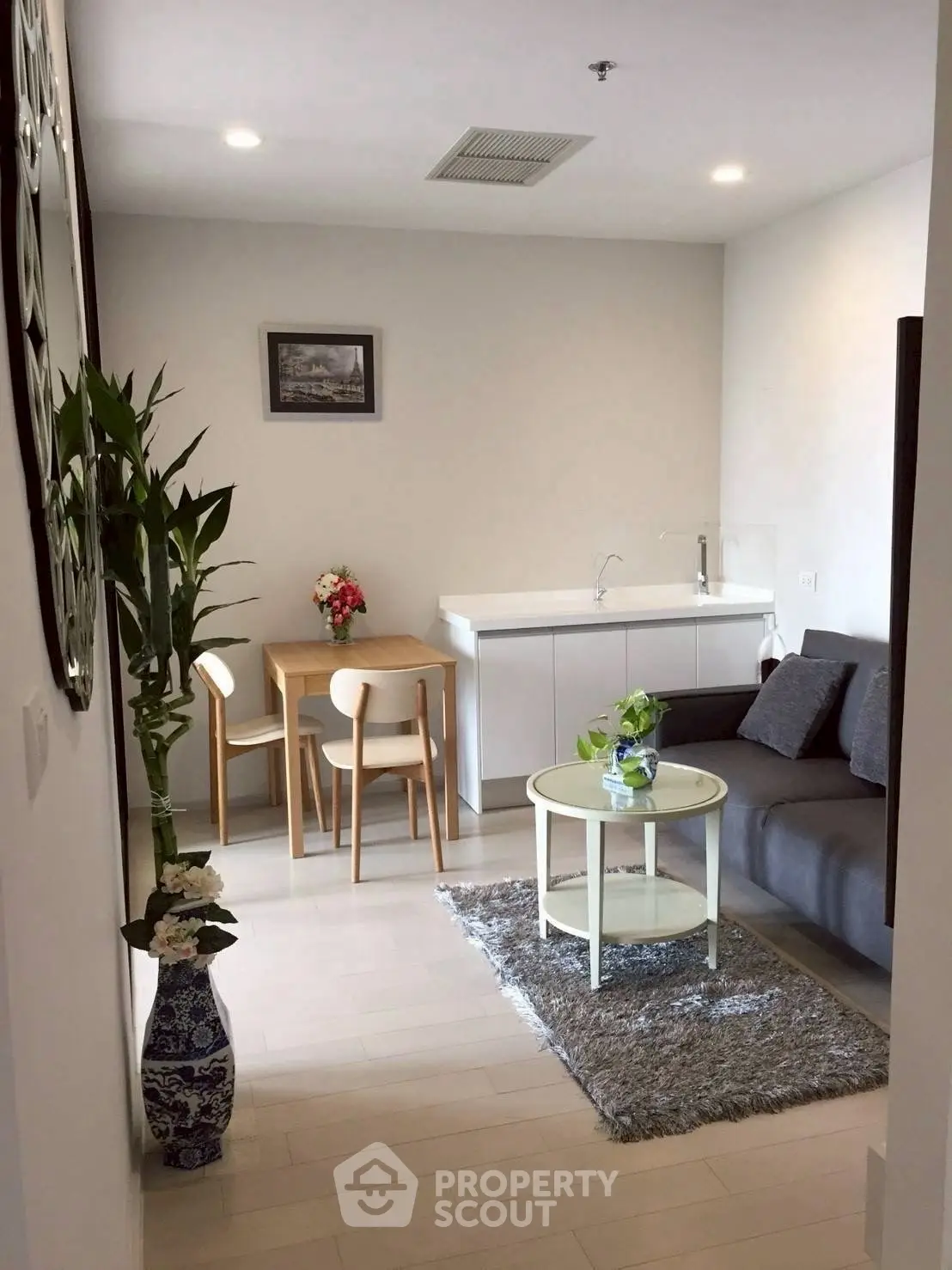 Modern living room with cozy seating and stylish decor