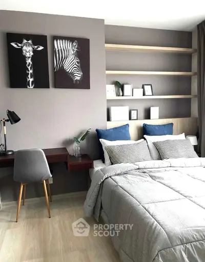 Modern bedroom with stylish decor and built-in shelving