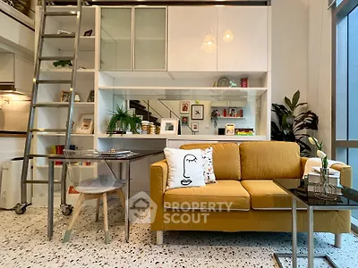 Stylish modern living room with yellow sofa and loft storage