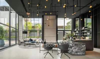 Luxurious modern living room with floor-to-ceiling windows and stylish lighting, offering a stunning garden view.