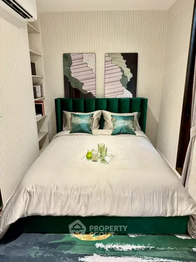 Luxurious bedroom with elegant green velvet bed and modern decor