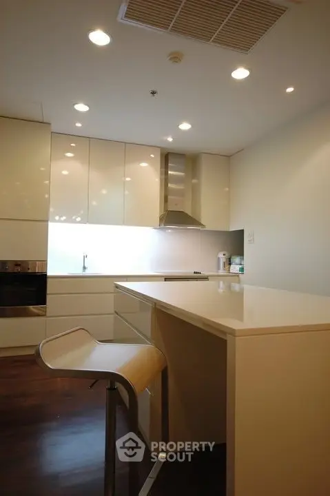 Modern kitchen with sleek white cabinets and island seating