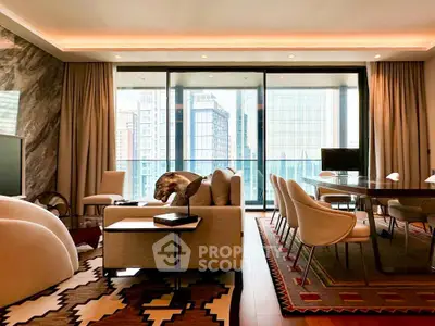 Luxurious modern living room with city view, elegant furniture, and stylish decor in high-rise apartment.