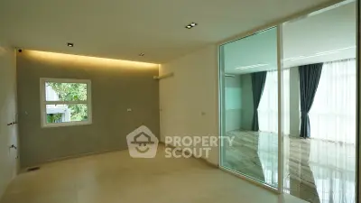 Spacious modern interior with large windows and elegant lighting, perfect for stylish living.