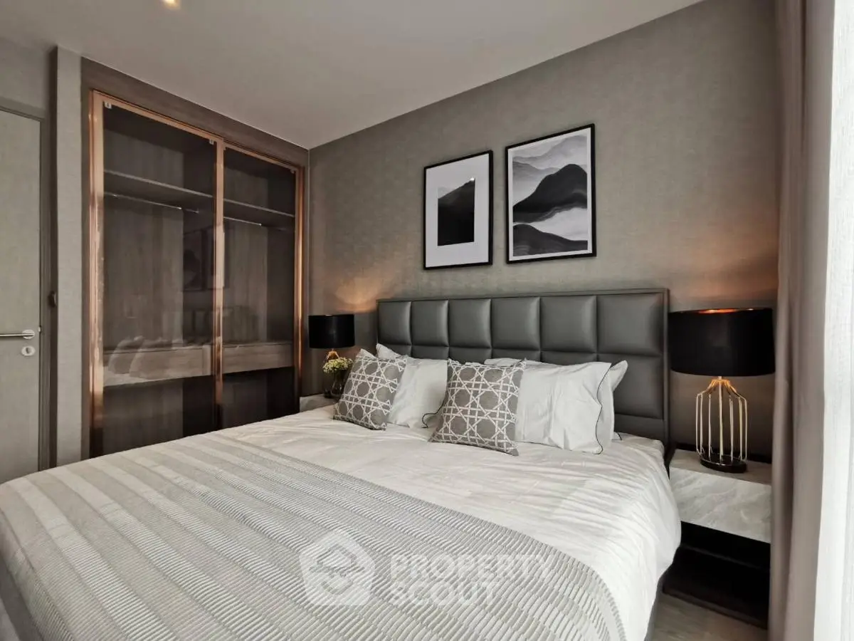 Modern bedroom with stylish decor and elegant lighting