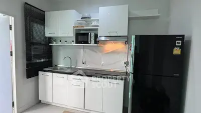 Modern kitchen with sleek white cabinets and black appliances, featuring a compact yet functional design.